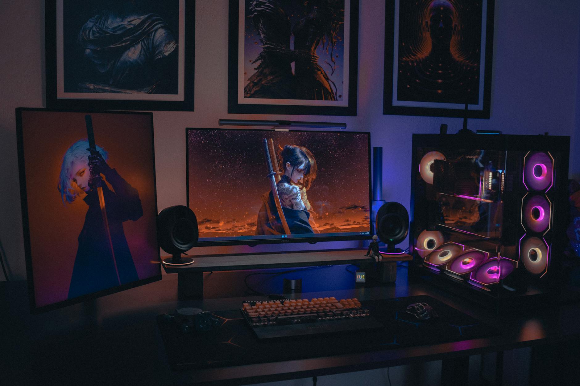 Full gaming peripheral setup including keyboard, mouse, and monitor on a clean desk
