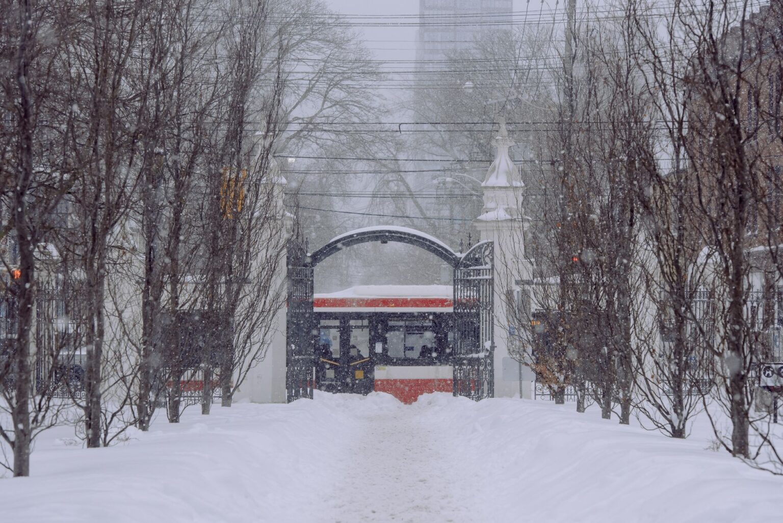 A snow-covered mountain path with a traditional torii gate, evoking the setting of Ghost of Yotei