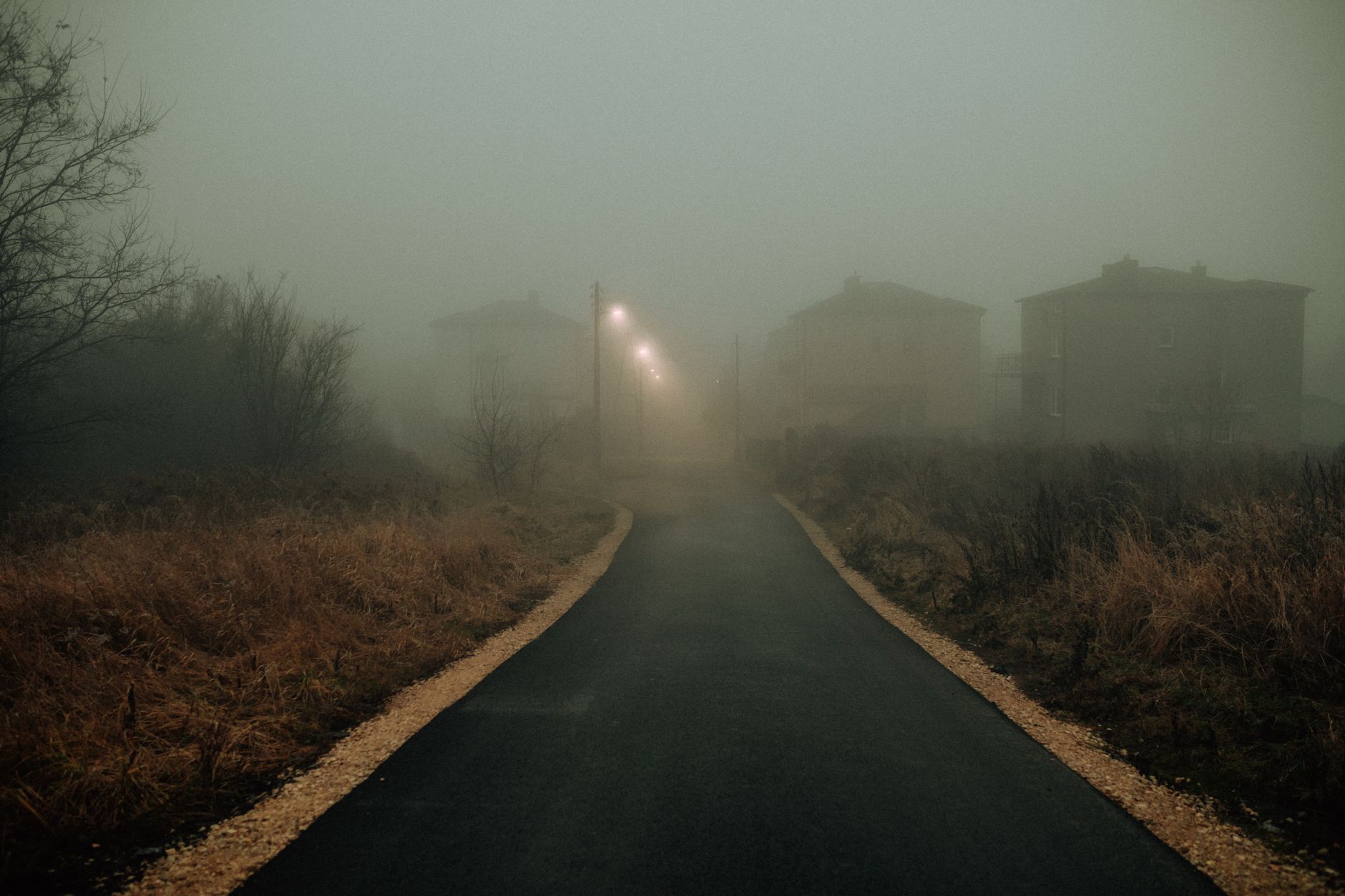 A misty village at night with dim lighting, reflecting the eerie atmosphere of Resident Evil Village