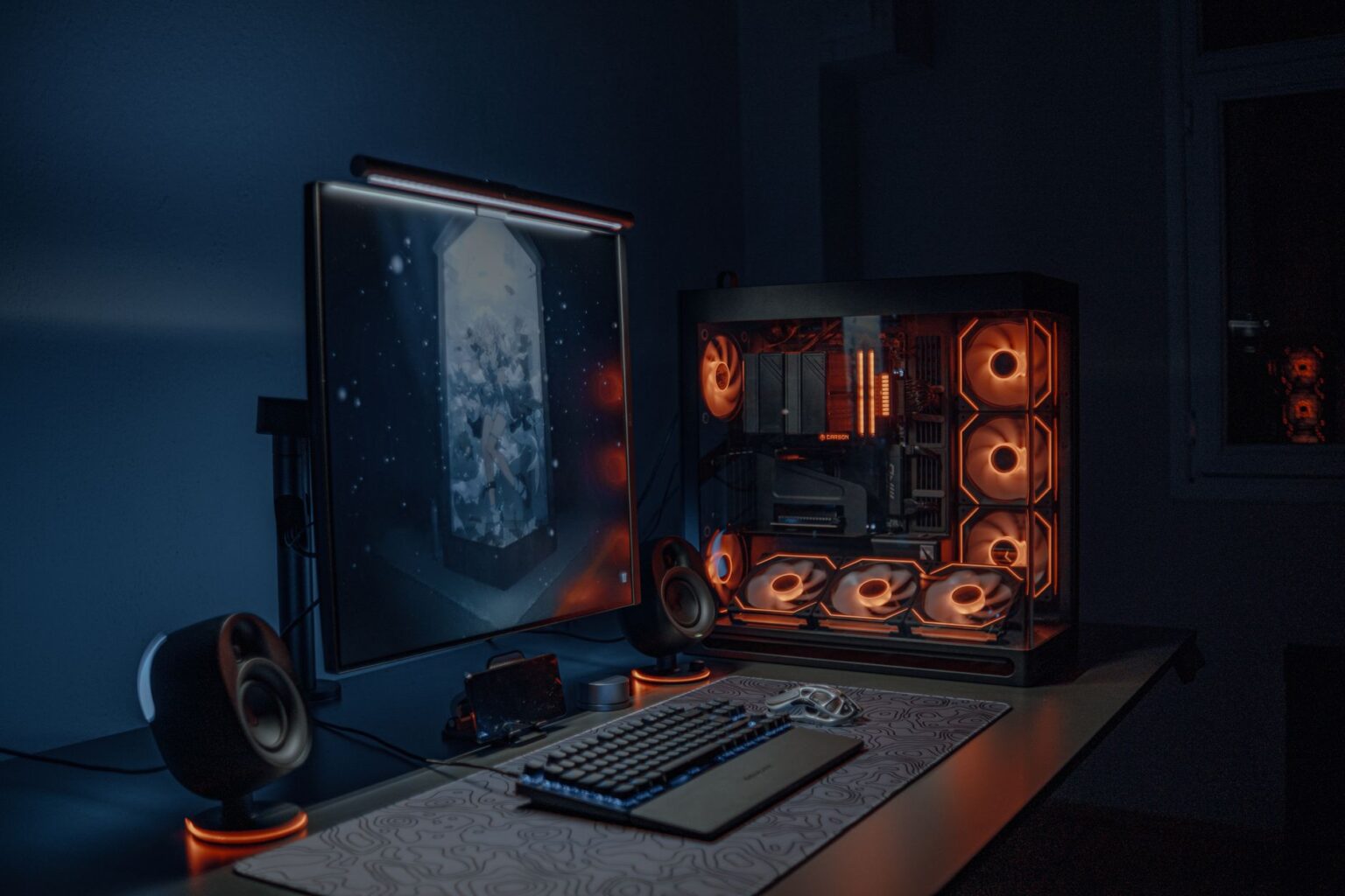 Dark gaming setup with glowing monitor, representing immersive single-player gaming atmosphere