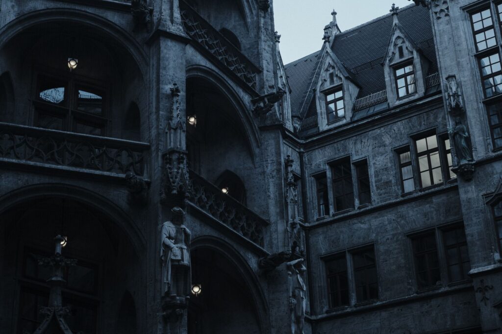 Dark gothic stone architecture evoking the eerie atmosphere of Bloodborne's setting