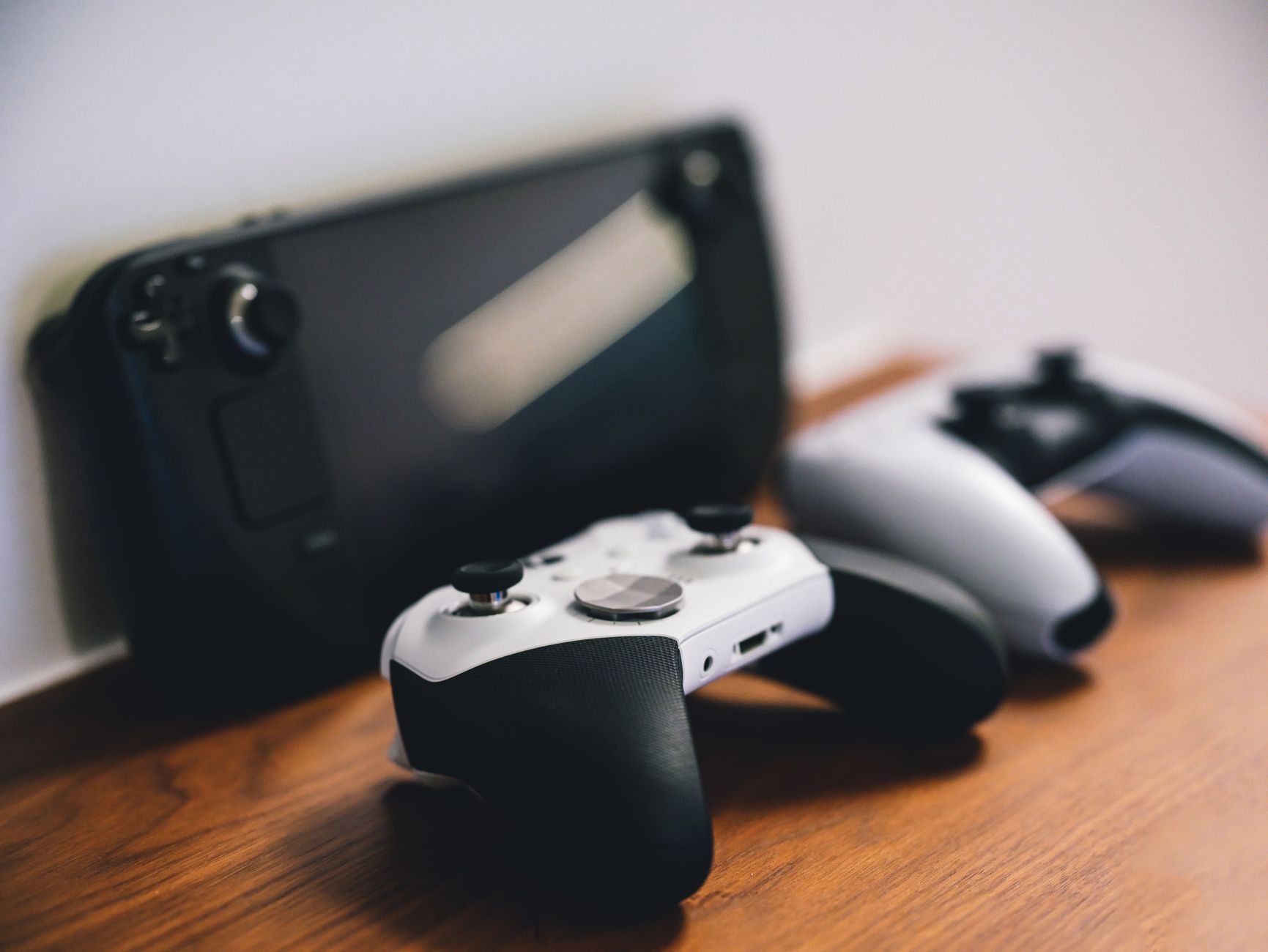 Close-up of a video game controller resting on a surface